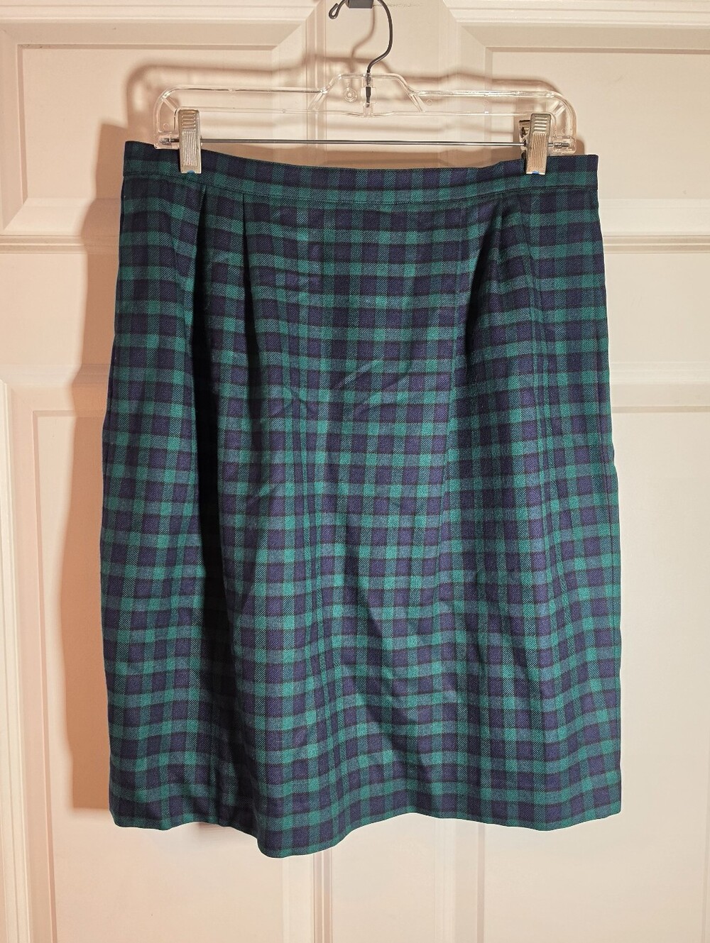Bretton Place Vintage Wool Blend Green & Navy Plaid Women's Skirt 14 Petite